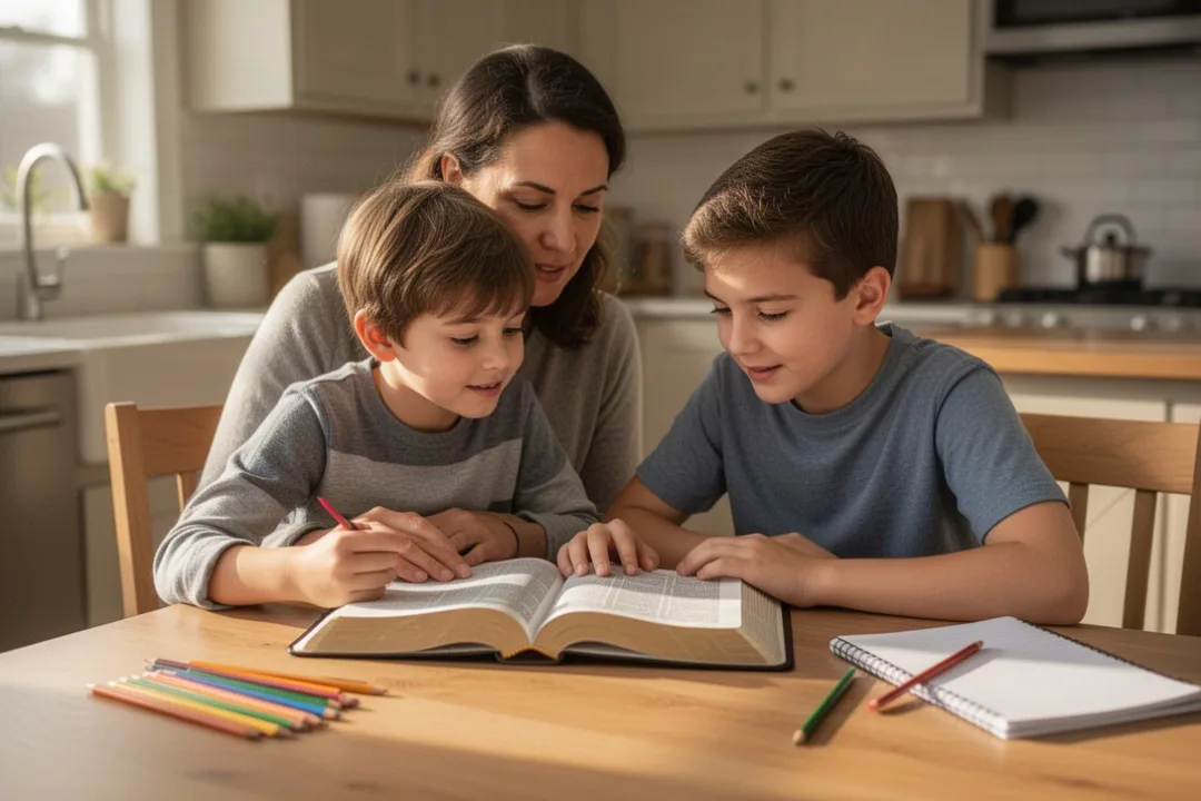 Parent and child reading an accessible Bible together at a kitchen table