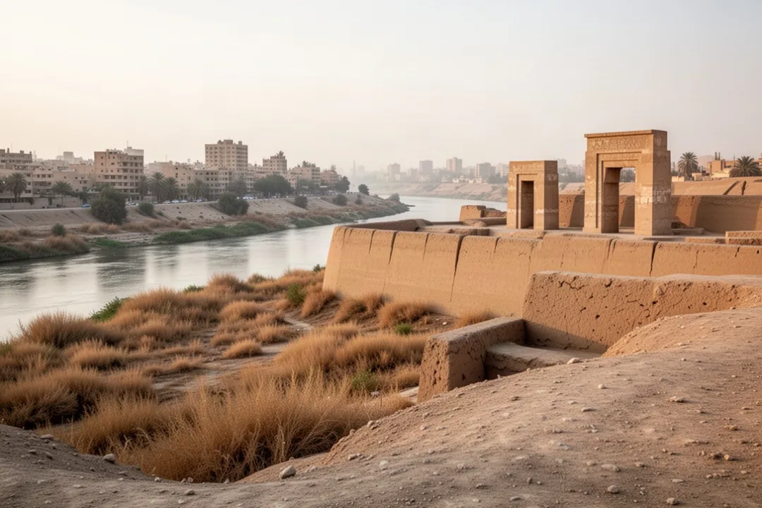 Ancient Nineveh ruins and defensive walls near Mosul beside the Tigris