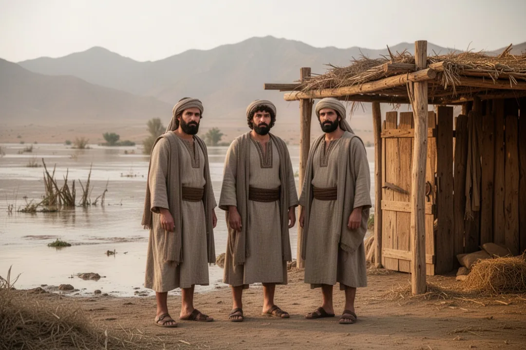 Three brothers standing together after the biblical flood