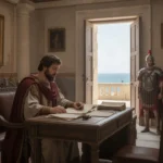 Roman governor reviewing documents in an ancient Judean administrative chamber