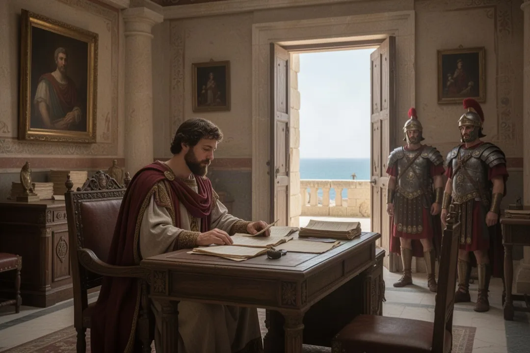 Roman governor reviewing documents in an ancient Judean administrative chamber