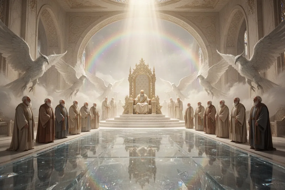 Heavenly throne room with elders and living creatures surrounding radiant throne