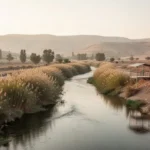 Lower River Jordan flowing through a dry valley with distant hills