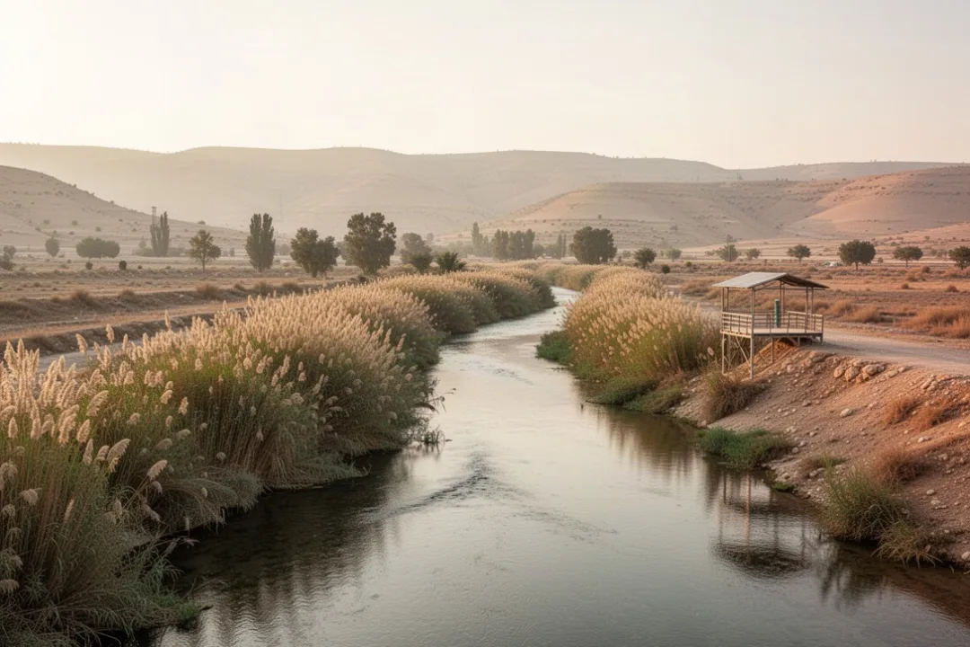 Lower River Jordan flowing through a dry valley with distant hills