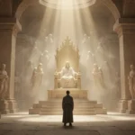 Worshiper facing a radiant heavenly throne in an ancient temple