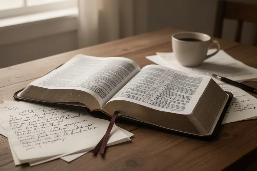 Open Bible and notes representing study of Satan in biblical teaching