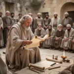 Ancient Jerusalem scribe teaching a gathered community from a scroll