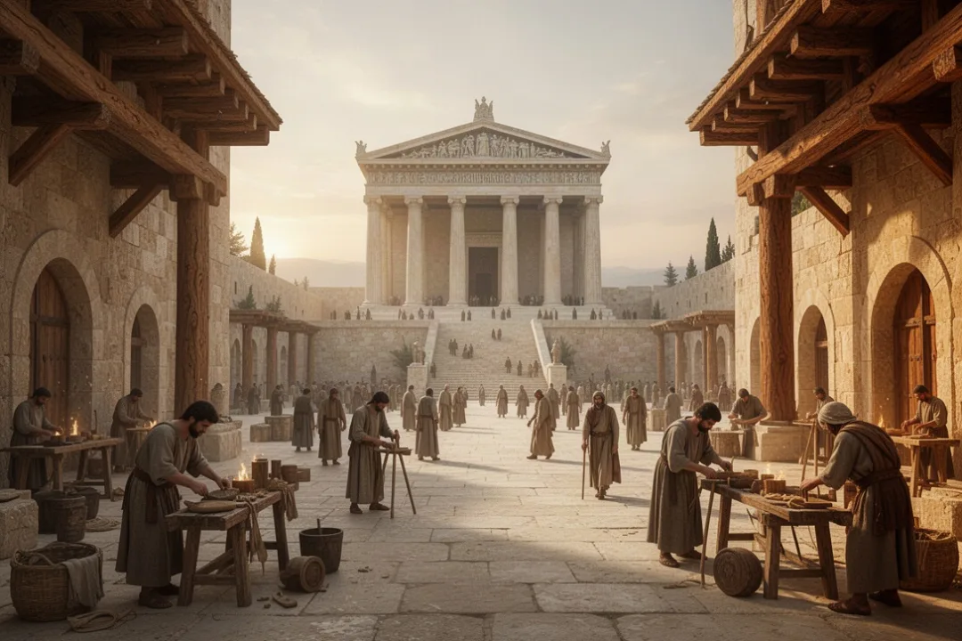 Solomon’s temple rising above ancient Jerusalem at sunrise