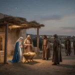 Shepherds approach Mary, Joseph, and Jesus in Bethlehem at night