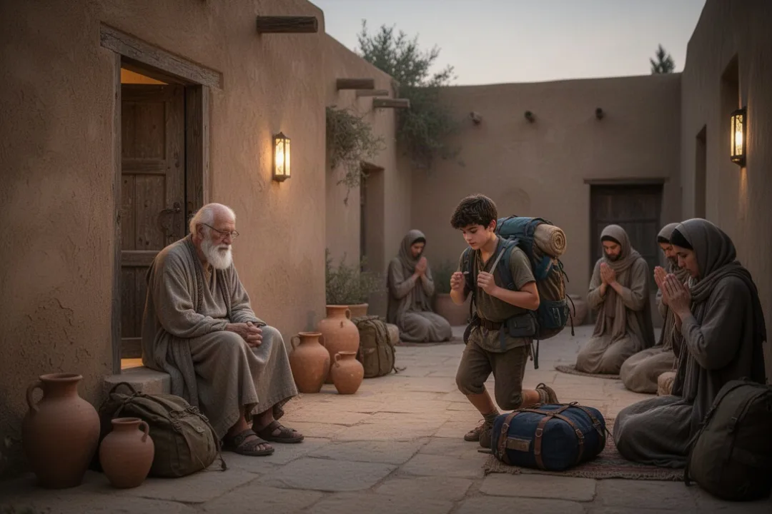 Ancient family praying before a young man begins his journey