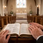 Open Bible and quiet sanctuary representing the Lord’s Prayer