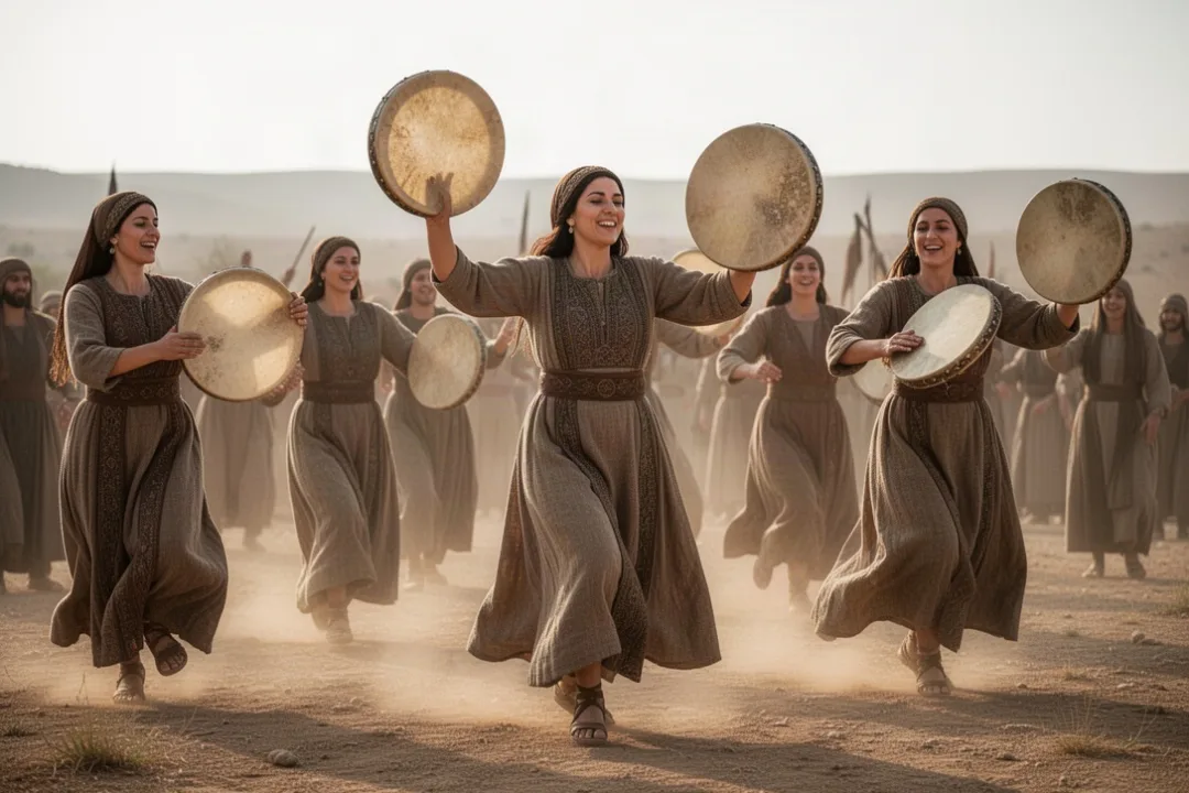 Women playing ancient frame drums during a biblical victory celebration