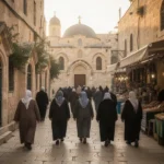 Pilgrims walking the Via Dolorosa through Jerusalem’s Old City