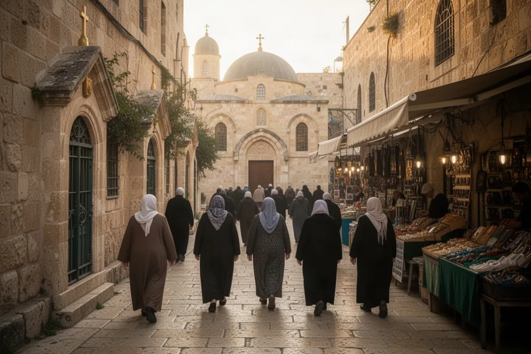 Pilgrims walking the Via Dolorosa through Jerusalem’s Old City