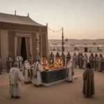 Ancient Israelite tabernacle courtyard with priests and worshipers