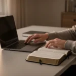 Person choosing reflection and prayer over tempting online content