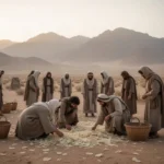 Israelites gathering manna in the wilderness at dawn