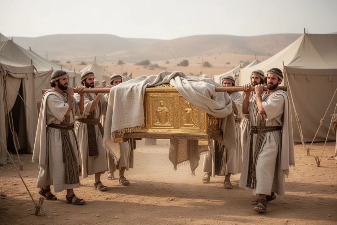 Priests carry the Ark of the Covenant through an ancient desert camp