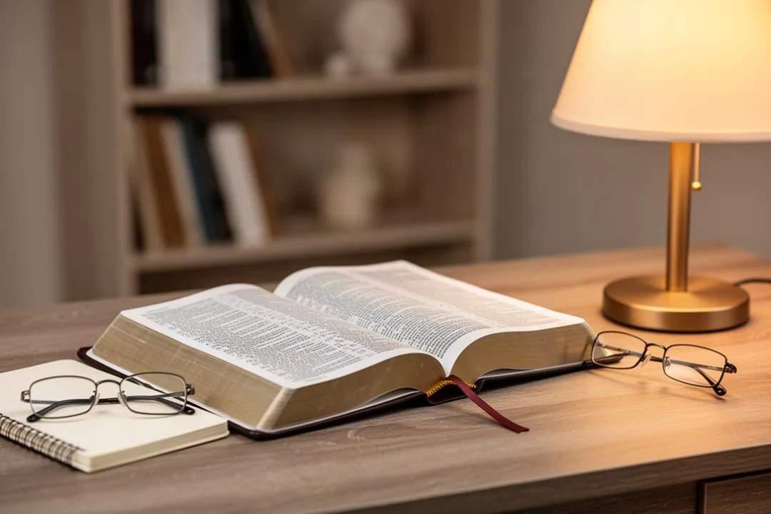 Open CSB Bible beside study supplies on a warmly lit wooden desk