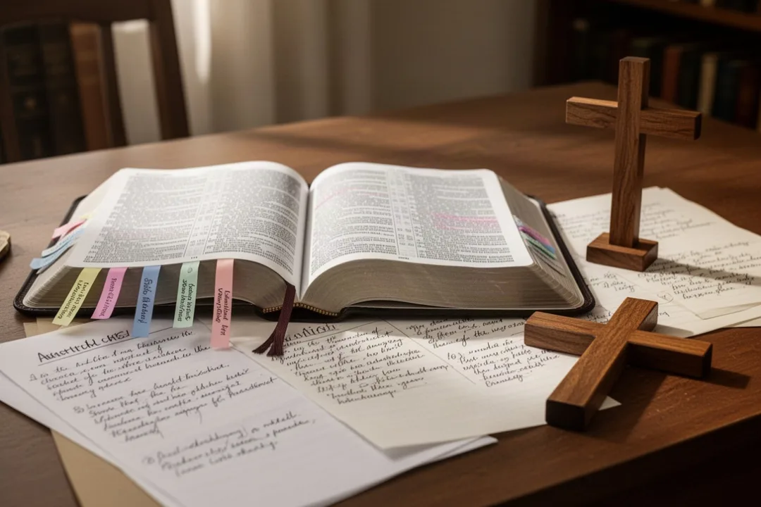 Open Bible and notes representing careful study of antichrist passages