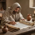 Ancient scribe copying a prophetic scroll beside oil lamps