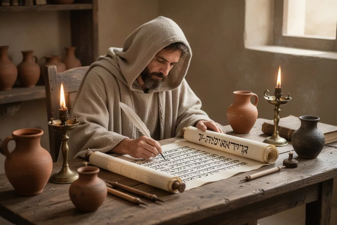 Ancient scribe copying a prophetic scroll beside oil lamps