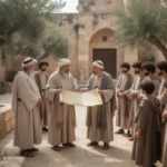 Jewish teachers discussing Torah scrolls in an ancient Jerusalem courtyard