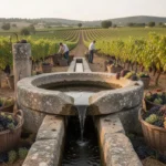 Ancient stone winepress beside a Mediterranean vineyard during grape harvest