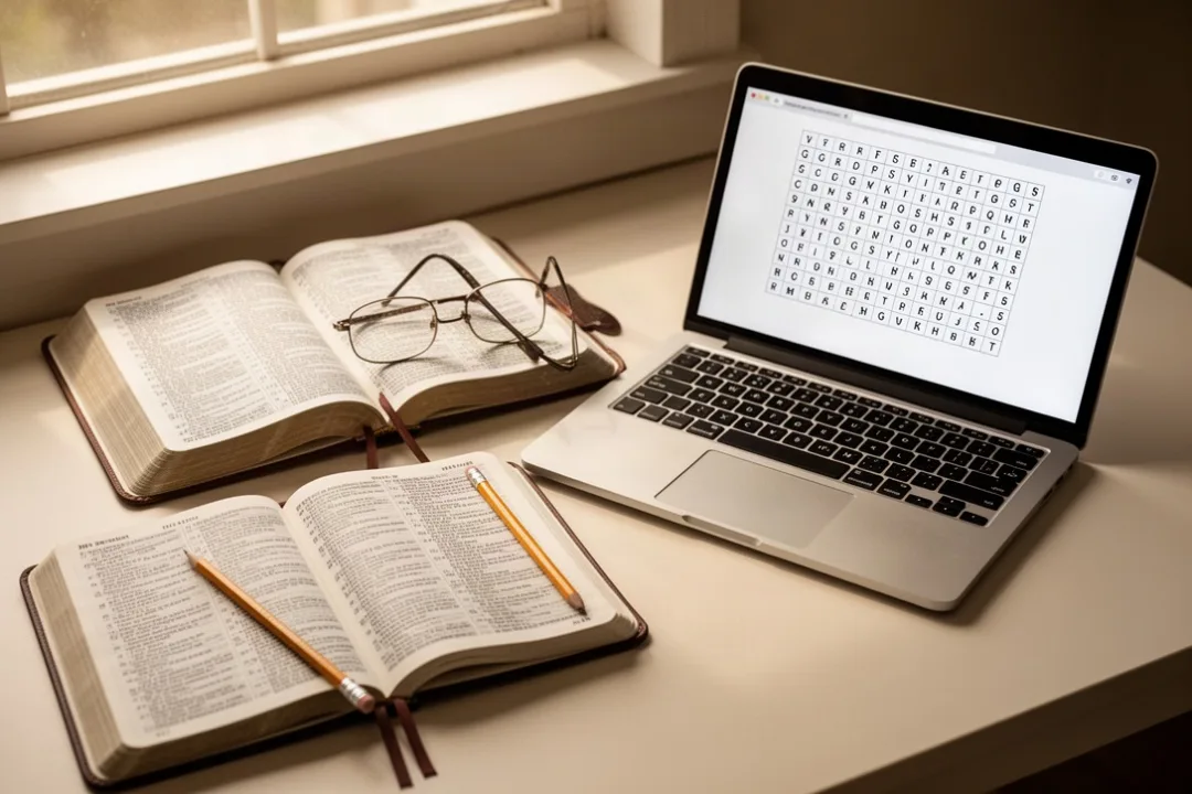 Open Bible and study materials for researching biblical words